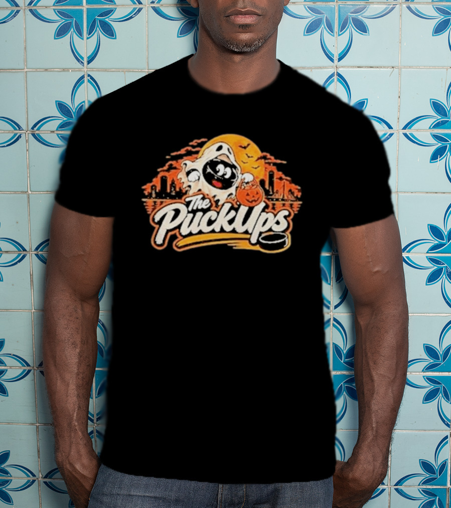 The Puckups Hockey Halloween Trick Or Treat Ghost Pumpkin Cityscape T-Shirt