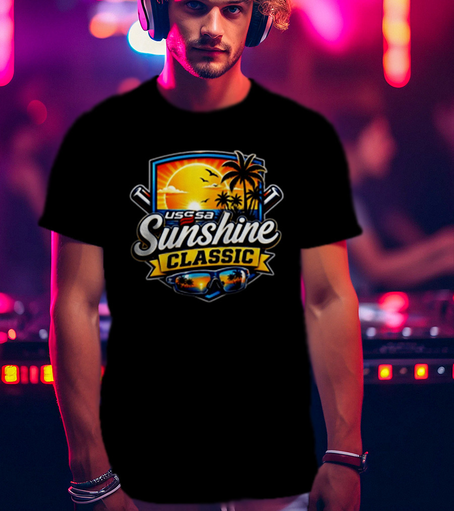 USSSA 13th Annual Sunshine Classic Baseball Tournament With Tropical Sunset And Palm Trees T-Shirt
