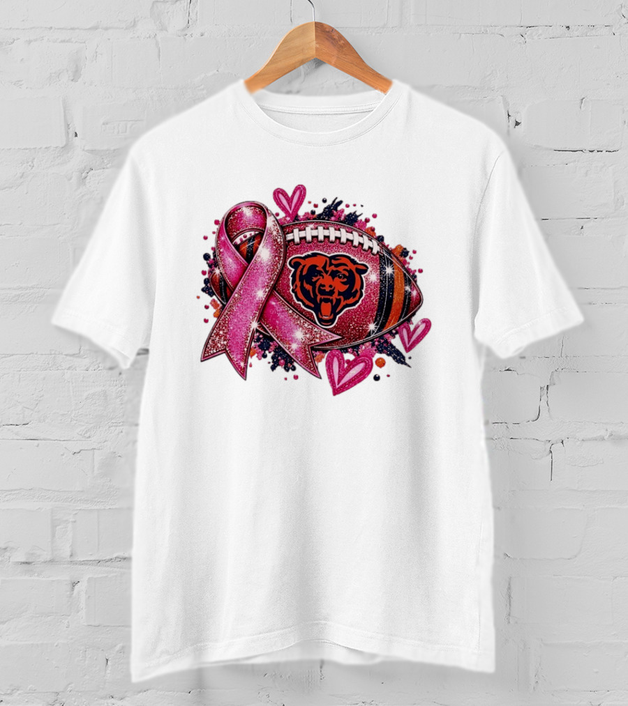 Chicago Bears Breast Cancer Awareness Pink Ribbon Football Hearts T-Shirt