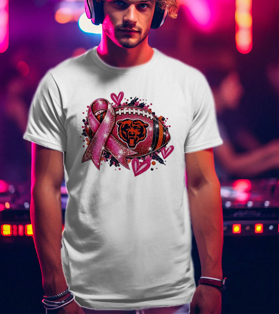 Chicago Bears Breast Cancer Awareness Pink Ribbon Football Hearts T-Shirt