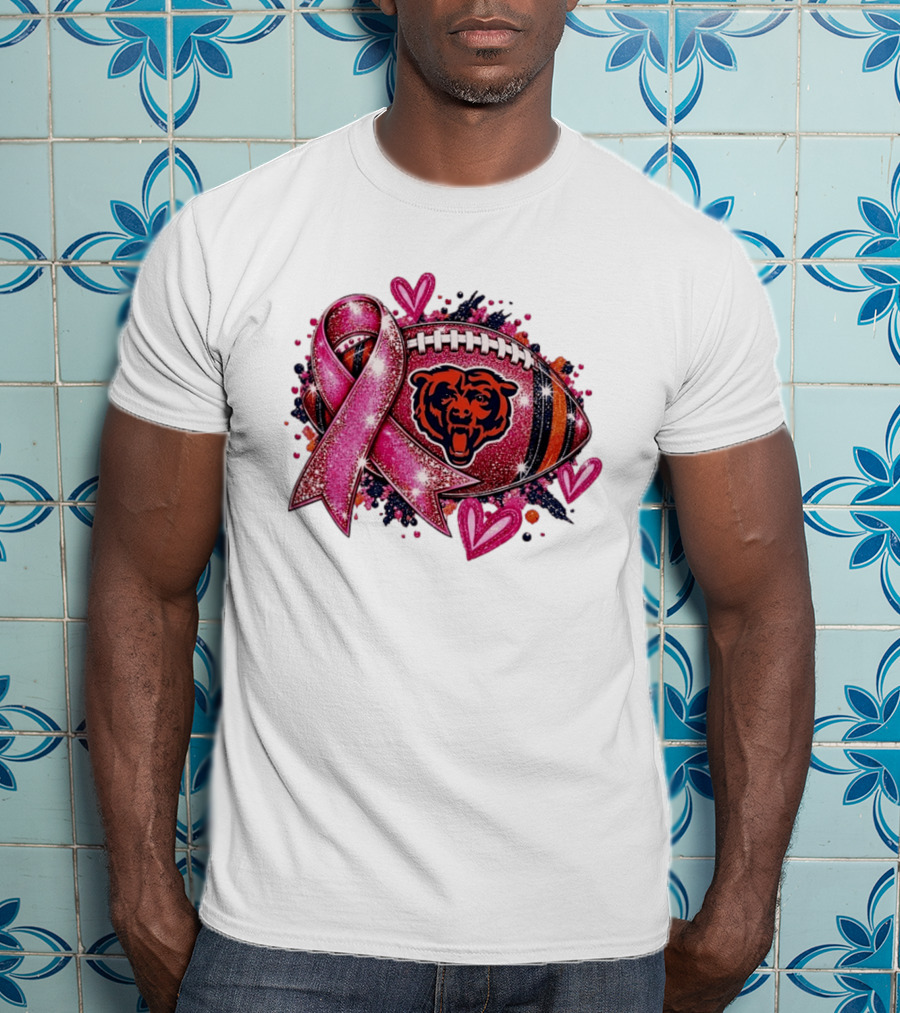 Chicago Bears Breast Cancer Awareness Pink Ribbon Football Hearts T-Shirt