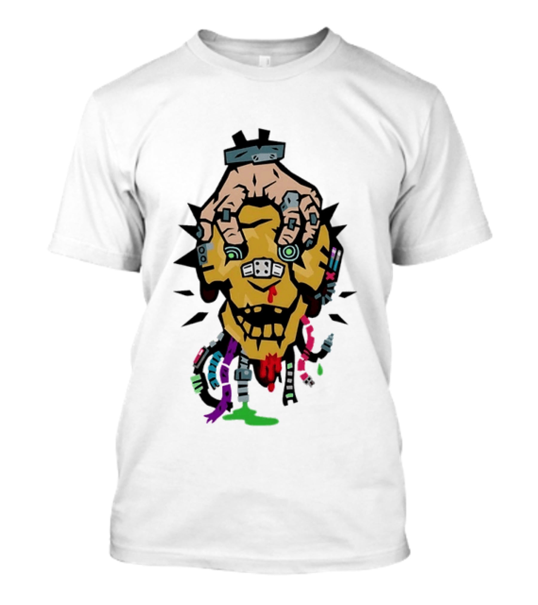 Cybernetic Skull With Robotic Hand In Bold Cyberpunk T-Shirt
