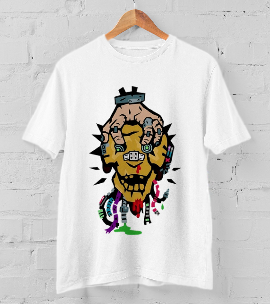 Cybernetic Skull With Robotic Hand In Bold Cyberpunk T-Shirt