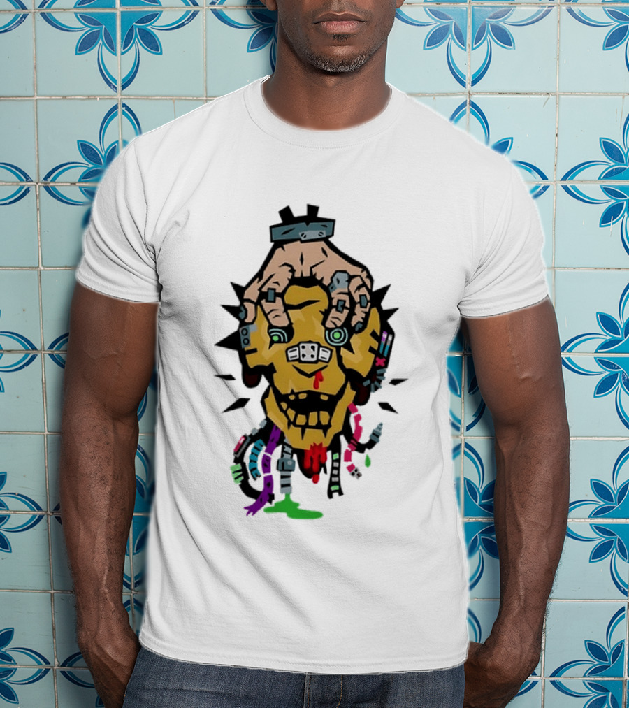 Cybernetic Skull With Robotic Hand In Bold Cyberpunk T-Shirt