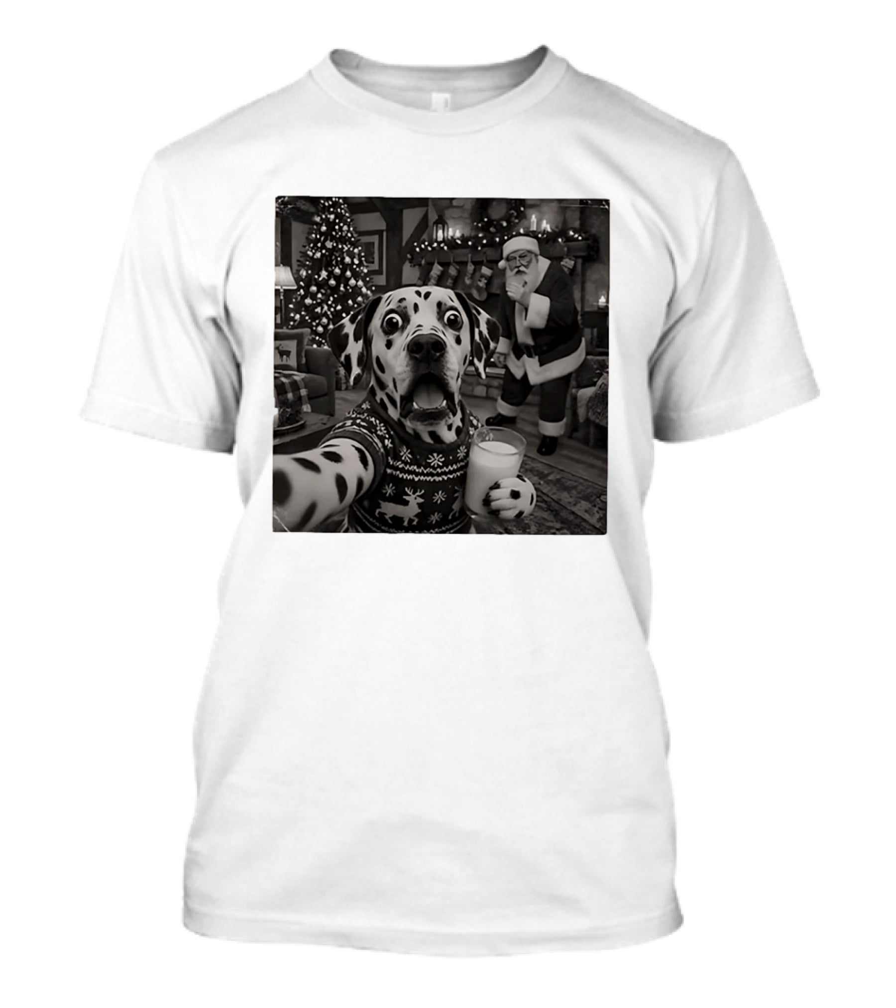 Dalmatian Christmas Santa Dog Holiday Selfie With Milk And Christmas Tree T-Shirt