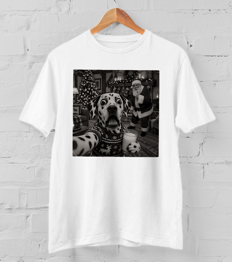 Dalmatian Christmas Santa Dog Holiday Selfie With Milk And Christmas Tree T-Shirt