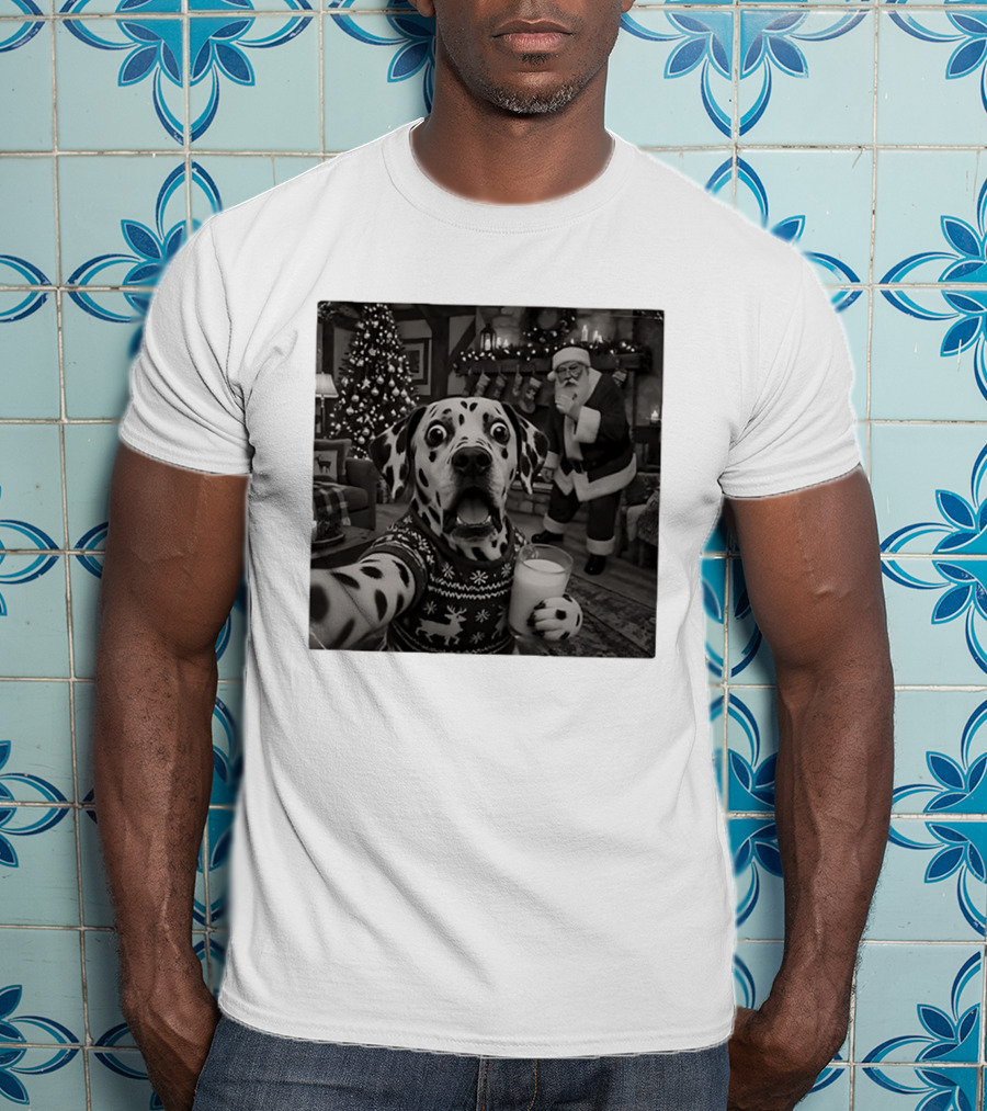 Dalmatian Christmas Santa Dog Holiday Selfie With Milk And Christmas Tree T-Shirt
