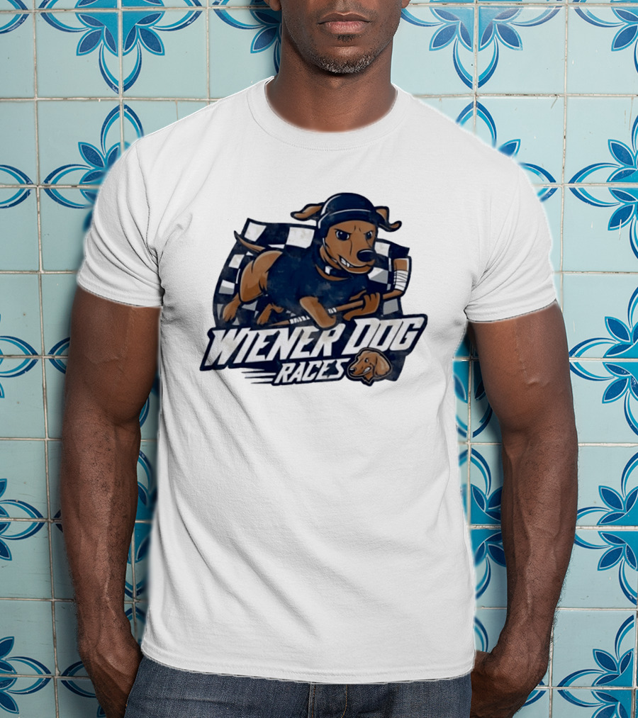 Wiener Dog Races Distressed Dachshund Racing Checkered Flag T-Shirt