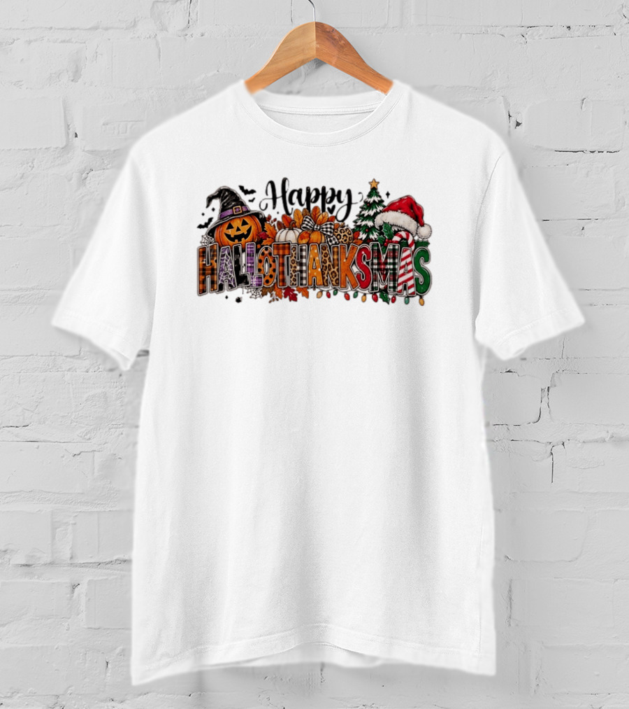 Happy Hallothanksmas Pumpkin Santa Hat Christmas Tree T-Shirt