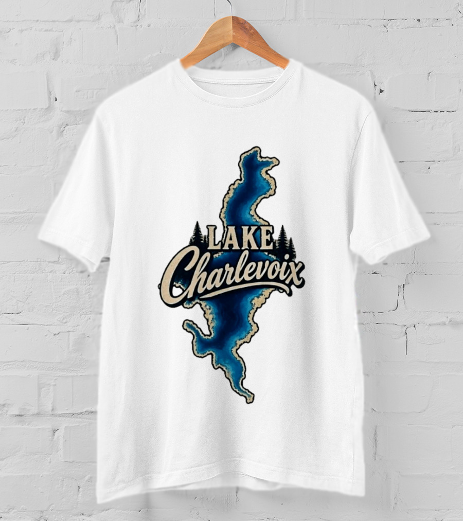 Lake Charlevoix Michigan Map Waterfront Trees T-Shirt