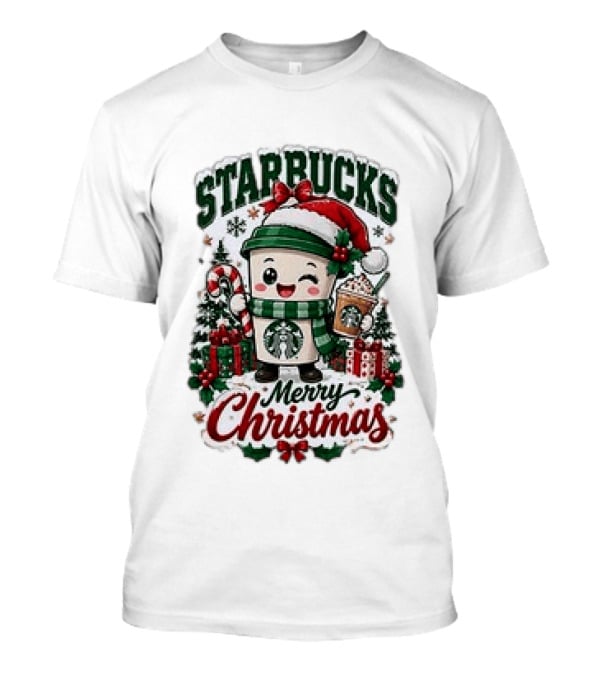 Starbucks Merry Christmas Cute Holiday Coffee Cup Santa Hat Candy Cane Presents T-Shirt