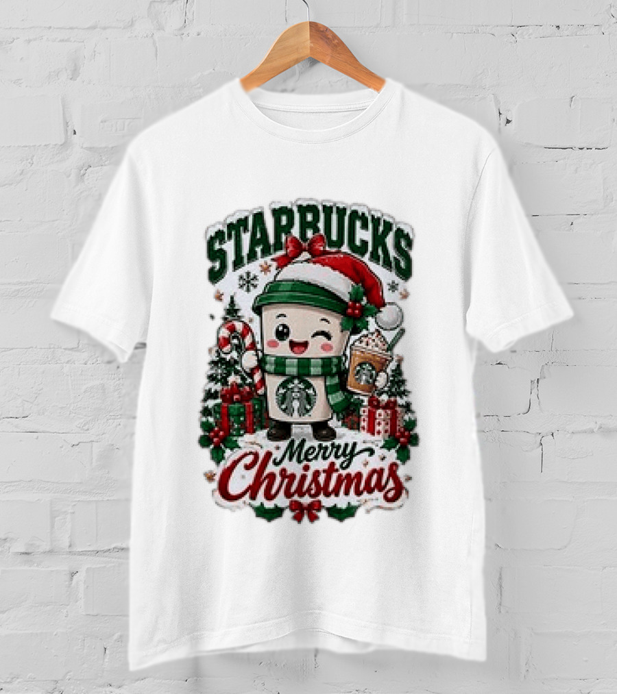 Starbucks Merry Christmas Cute Holiday Coffee Cup Santa Hat Candy Cane Presents T-Shirt
