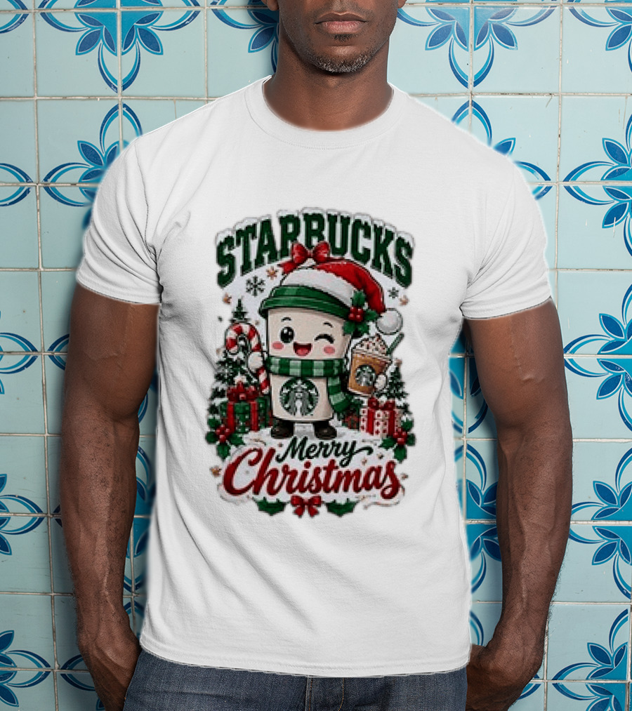 Starbucks Merry Christmas Cute Holiday Coffee Cup Santa Hat Candy Cane Presents T-Shirt