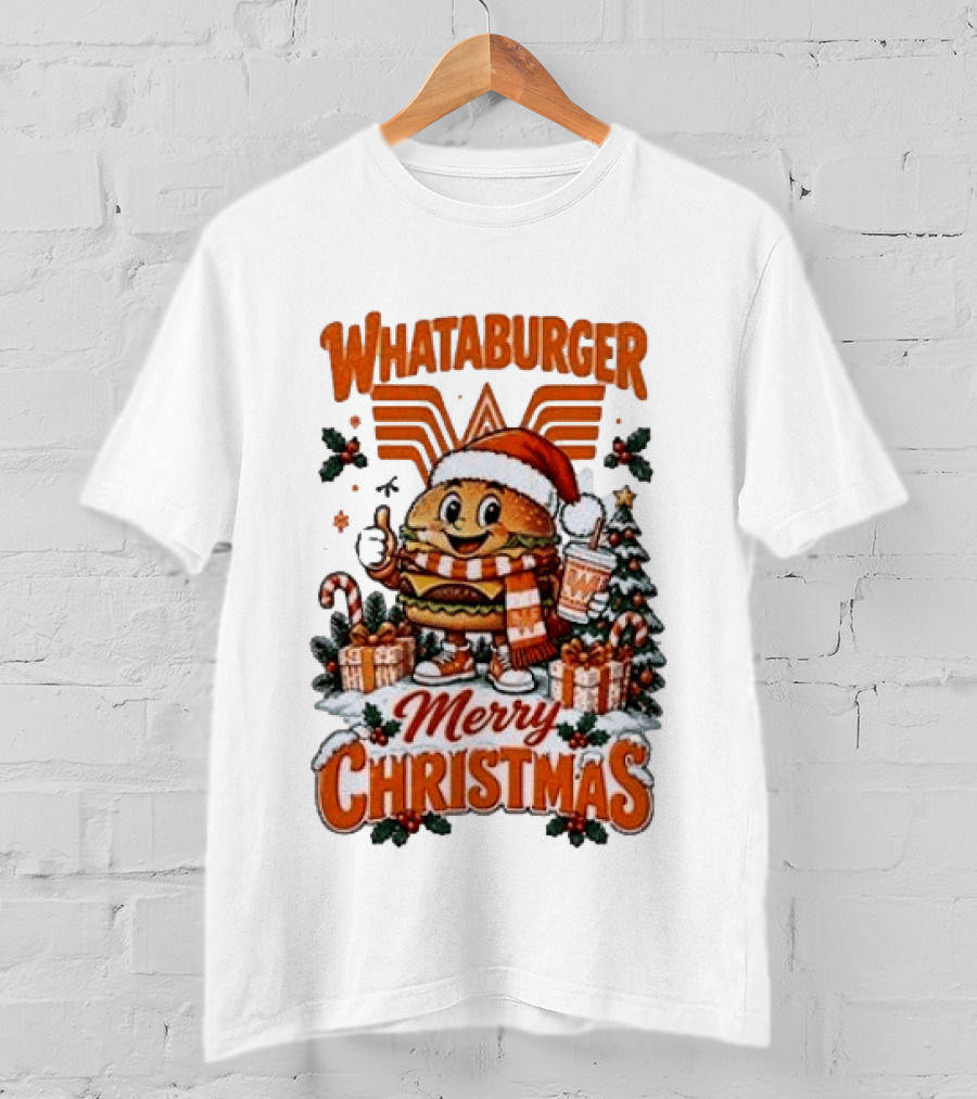 Whataburger Merry Christmas Festive Holiday Burger Santa With Gifts And Drink T-Shirt