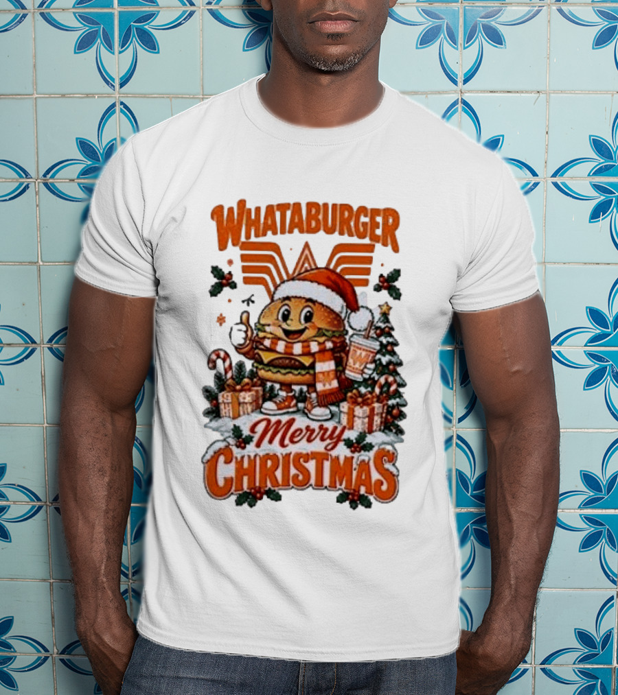 Whataburger Merry Christmas Festive Holiday Burger Santa With Gifts And Drink T-Shirt