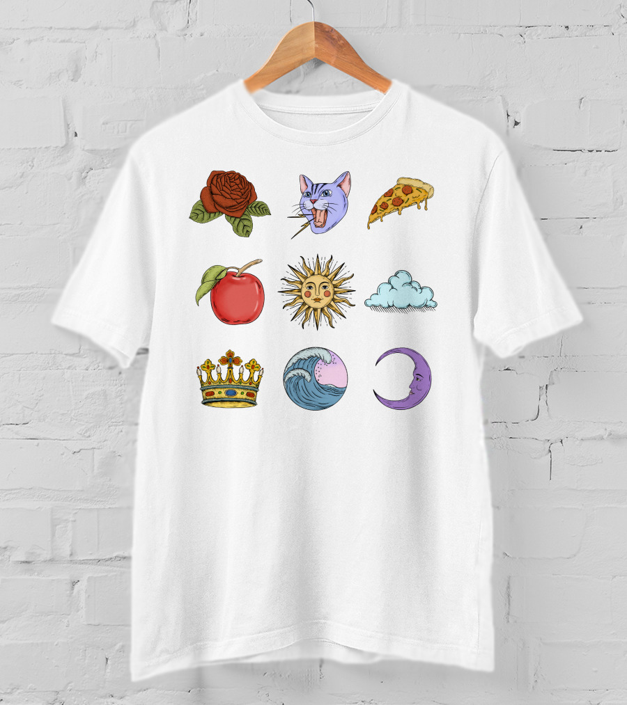 Rose Cat Pizza Apple Sun Cloud Crown Wave Moon T-Shirt