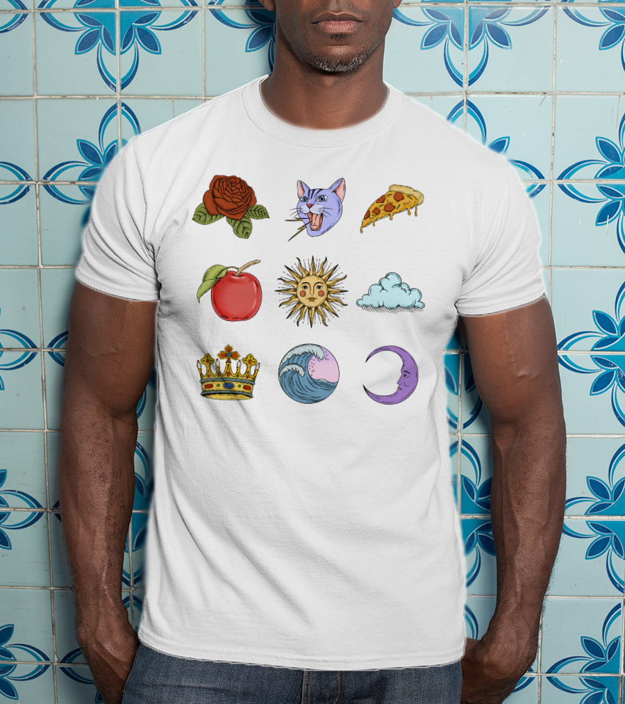Rose Cat Pizza Apple Sun Cloud Crown Wave Moon T-Shirt