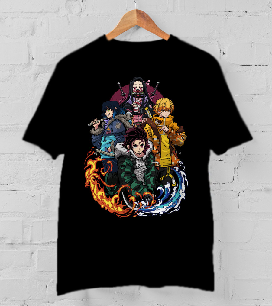 Kimetsu No Yaiba Demon Slayer Tanjiro Nezuko Zenitsu Inosuke Elemental Power Poses T-Shirt
