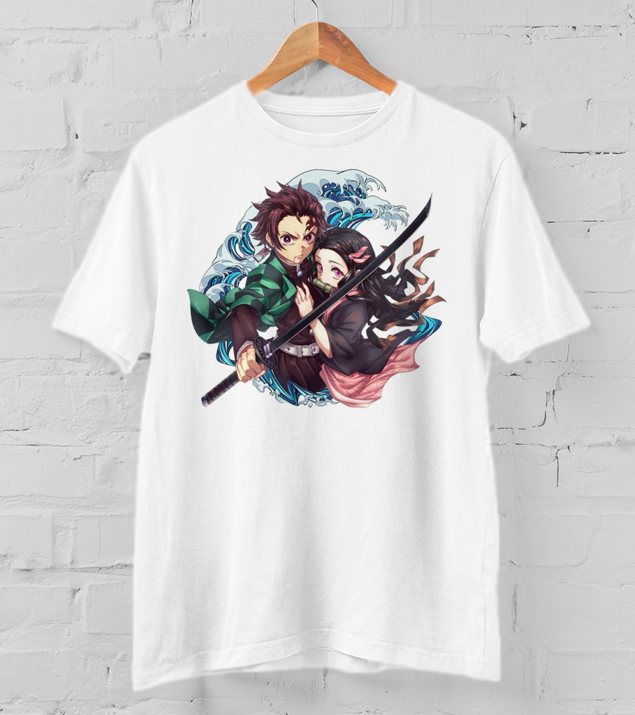 Kimetsu No Yaiba: Demon Slayer Tanjiro Kamado And Nezuko With Sword And Waves T-Shirt