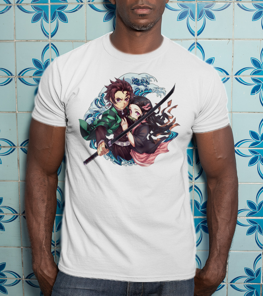Kimetsu No Yaiba: Demon Slayer Tanjiro Kamado And Nezuko With Sword And Waves T-Shirt