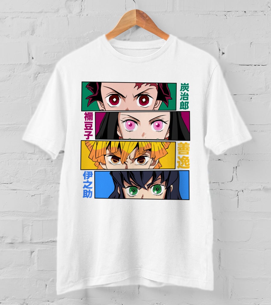 Demon Slayer Kimetsu No Yaiba Tanjiro Nezuko Zenitsu Inosuke Character Faces T-Shirt