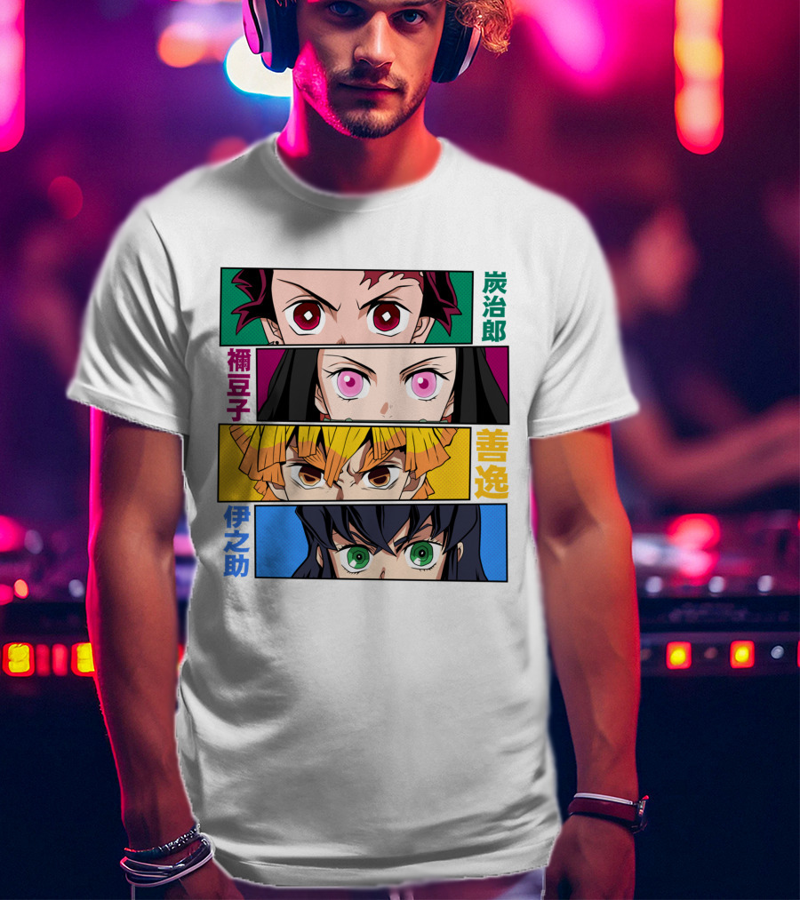 Demon Slayer Kimetsu No Yaiba Tanjiro Nezuko Zenitsu Inosuke Character Faces T-Shirt