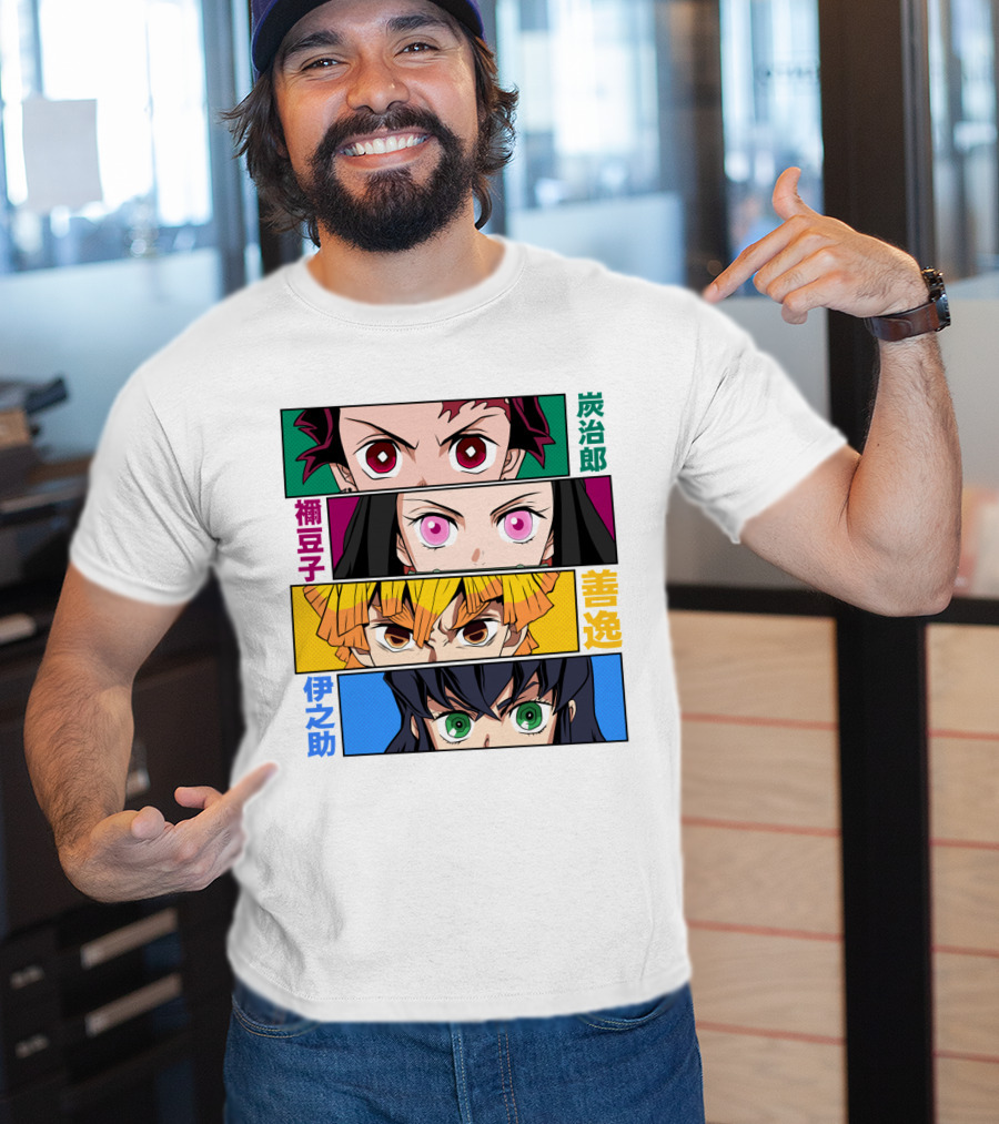 Demon Slayer Kimetsu No Yaiba Tanjiro Nezuko Zenitsu Inosuke Character Faces T-Shirt