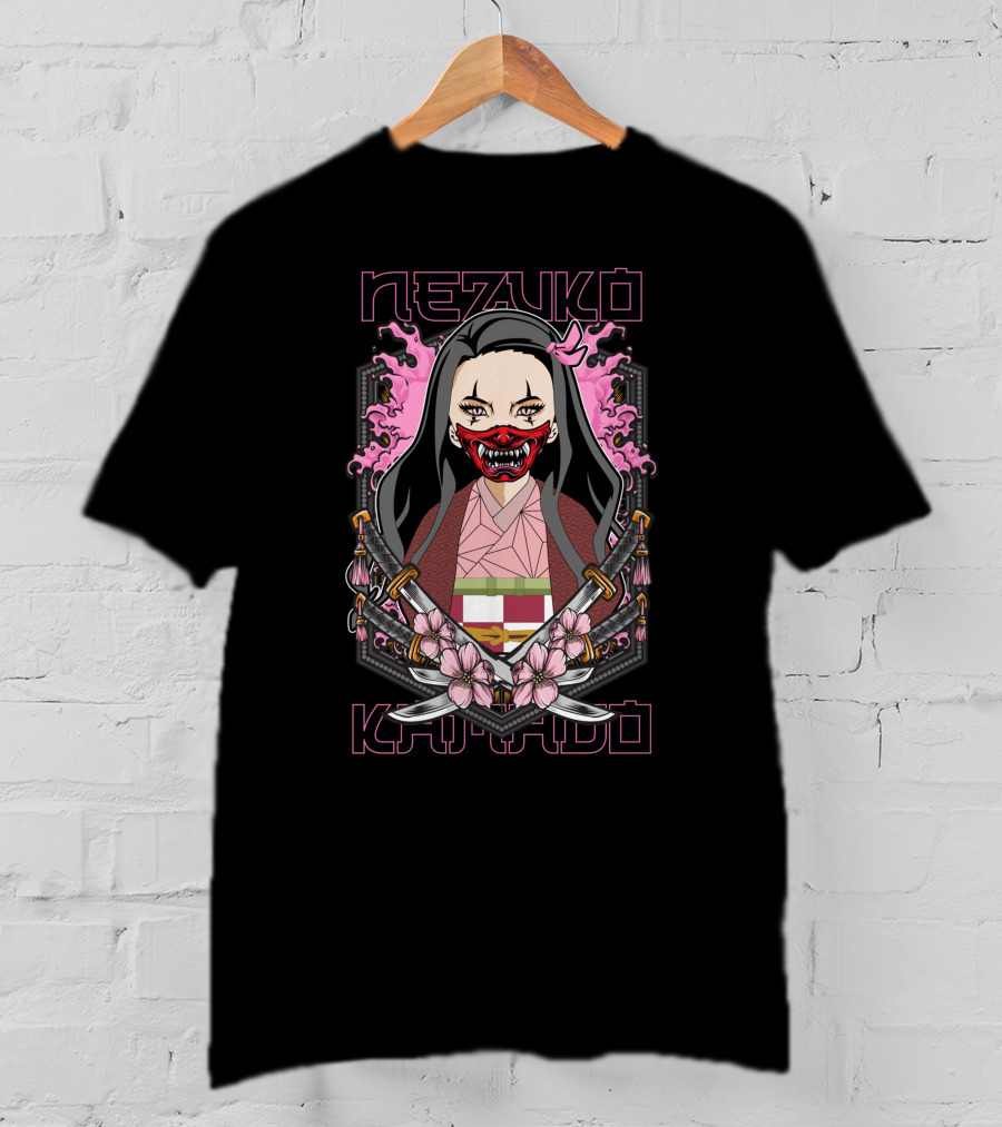 Nezuko Kamado Demon Slayer Kimetsu No Yaiba Pink Flames Swords Blossom T-Shirt