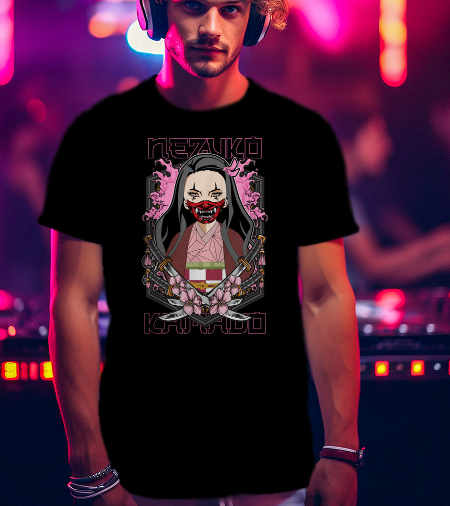 Nezuko Kamado Demon Slayer Kimetsu No Yaiba Pink Flames Swords Blossom T-Shirt