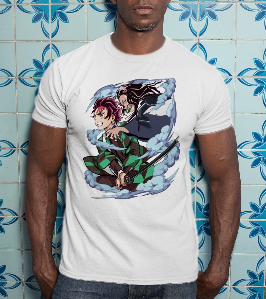 Demon Slayer Kimetsu No Yaiba Tanjiro Nezuko Anime Characters Sword Action Scene T-Shirt