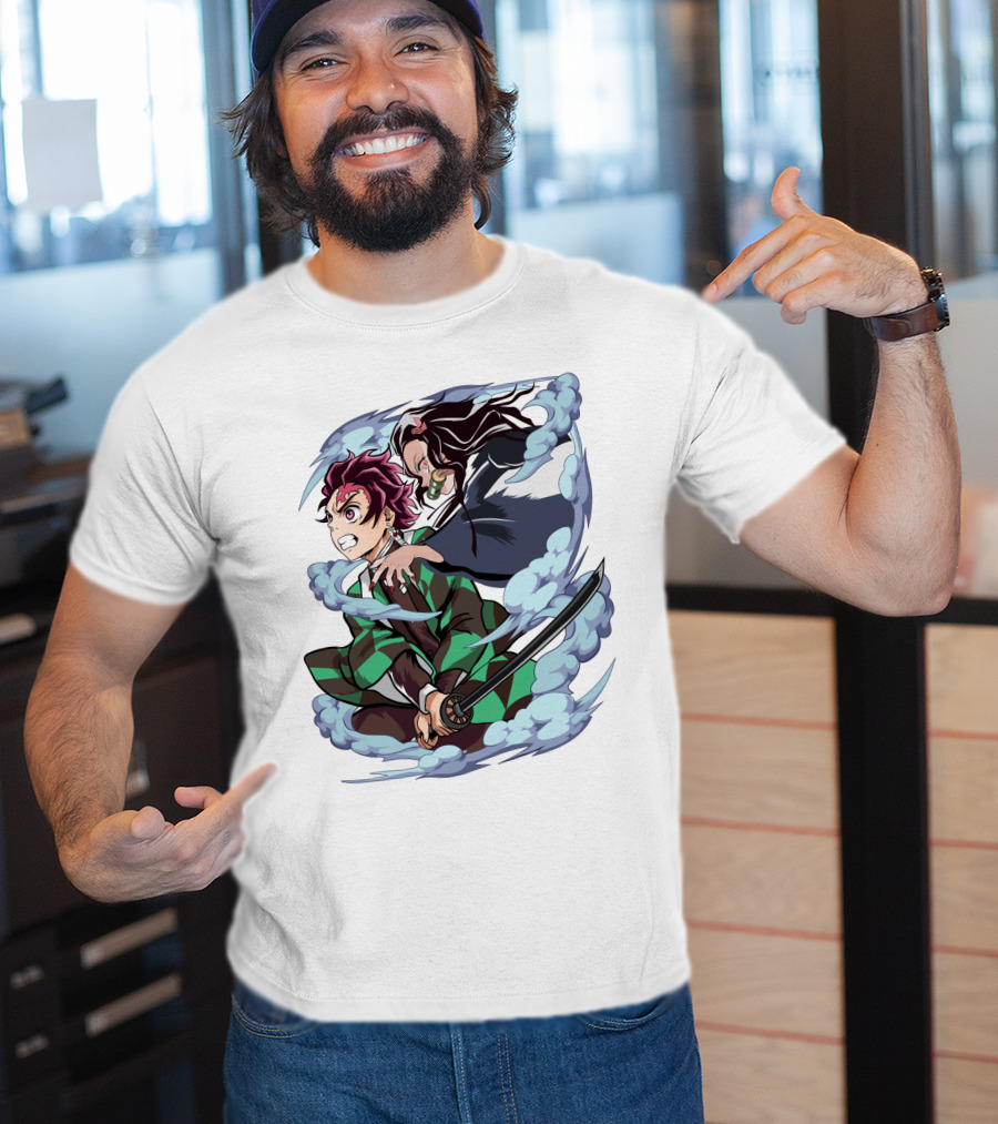 Demon Slayer Kimetsu No Yaiba Tanjiro Nezuko Anime Characters Sword Action Scene T-Shirt
