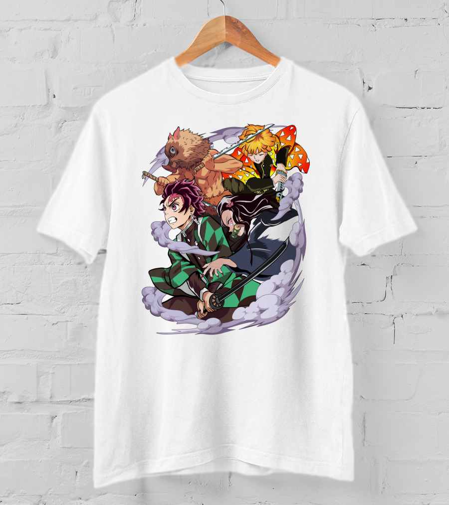 Demon Slayer Kimetsu No Yaiba Tanjiro Nezuko Zenitsu Inosuke Dynamic Action Scene T-Shirt