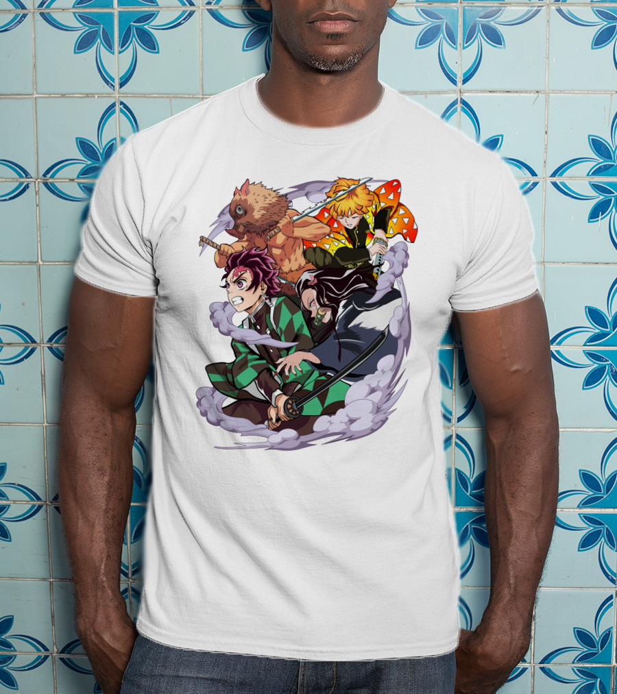 Demon Slayer Kimetsu No Yaiba Tanjiro Nezuko Zenitsu Inosuke Dynamic Action Scene T-Shirt