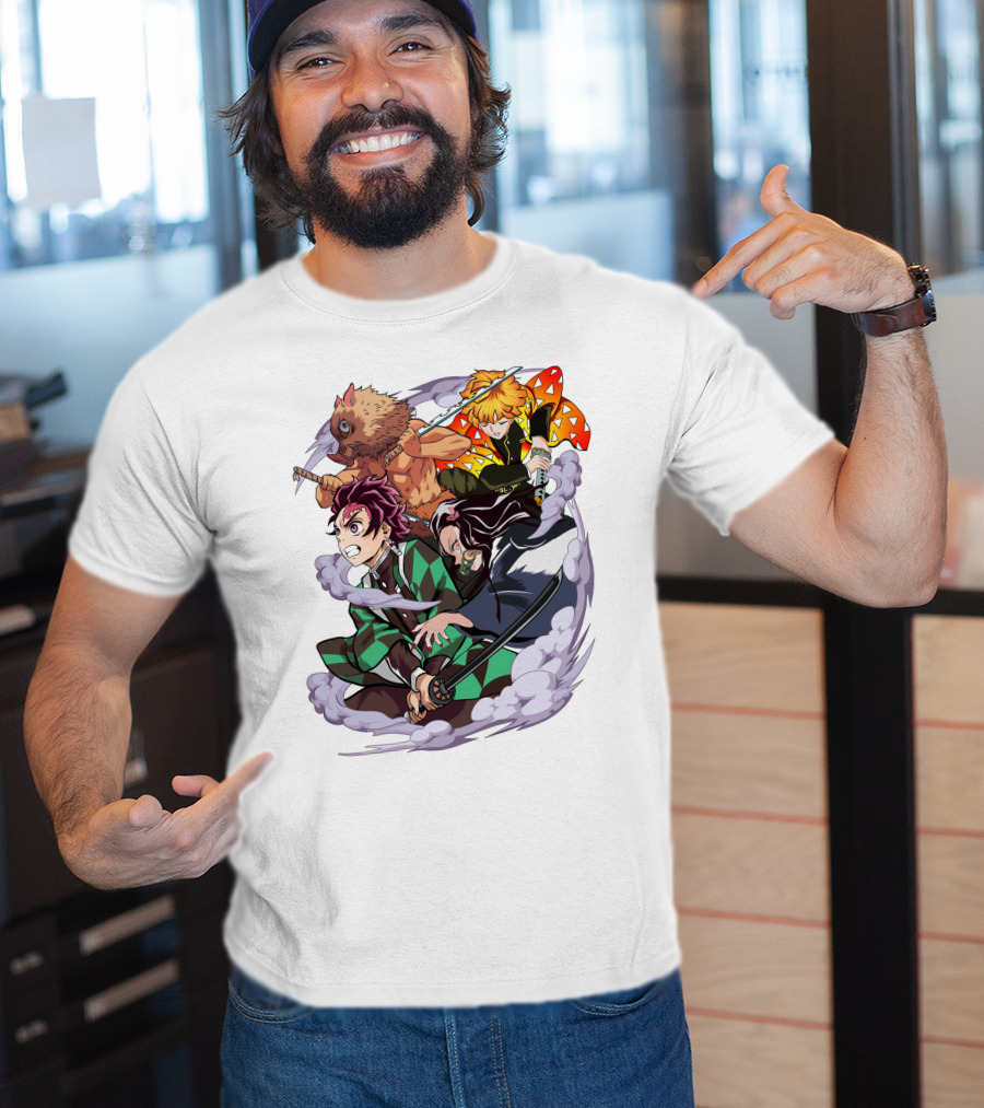 Demon Slayer Kimetsu No Yaiba Tanjiro Nezuko Zenitsu Inosuke Dynamic Action Scene T-Shirt