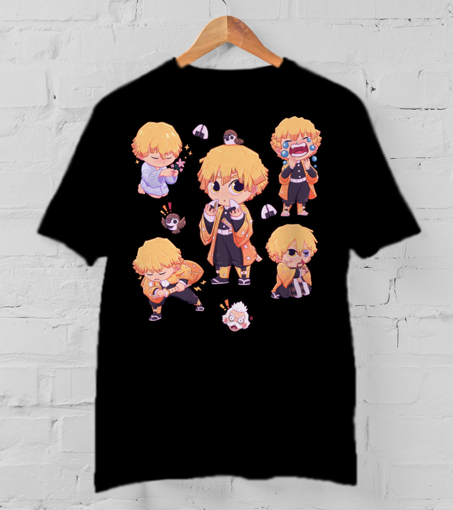 Demon Slayer Kimetsu No Yaiba Zenitsu Chibi Diverse Expressions And Birds Collection T-Shirt