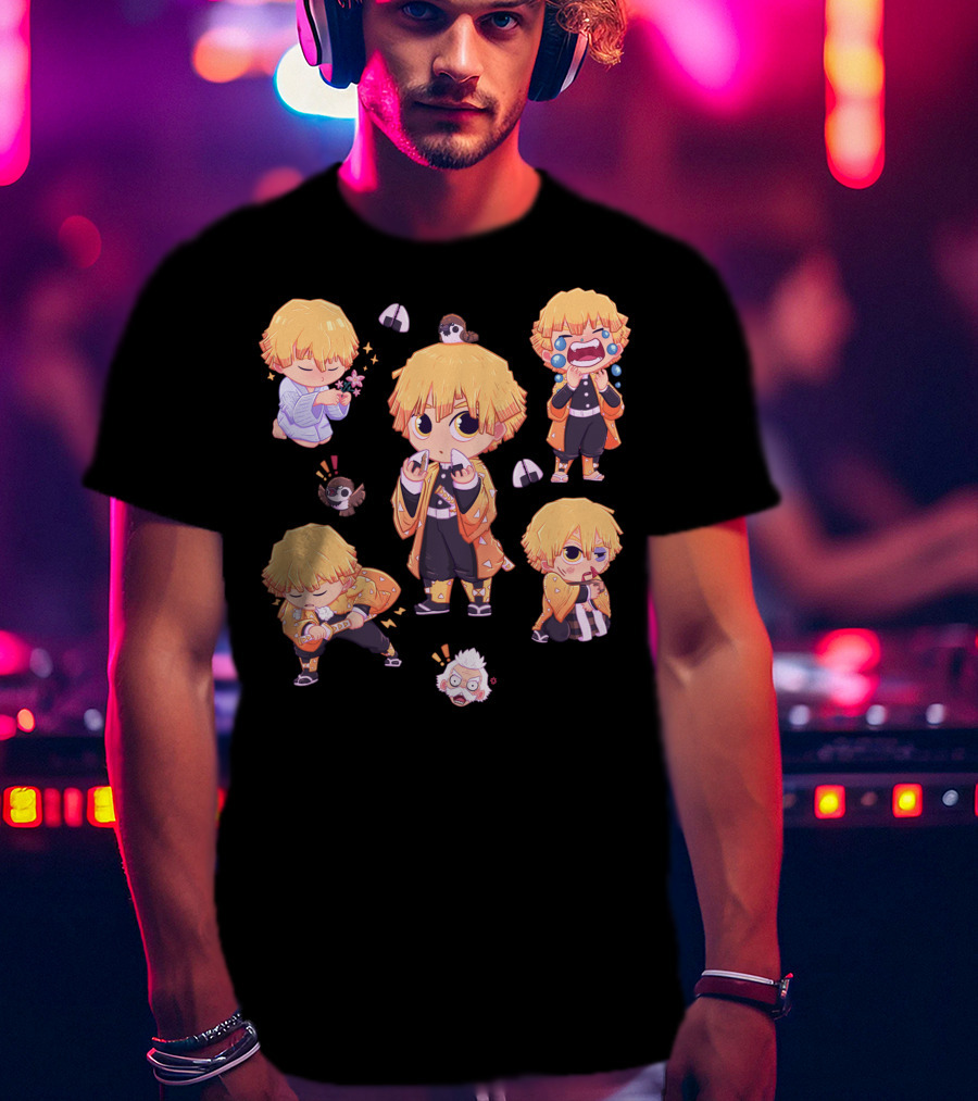 Demon Slayer Kimetsu No Yaiba Zenitsu Chibi Diverse Expressions And Birds Collection T-Shirt