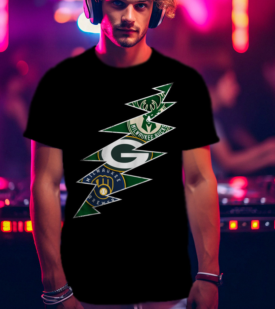 Green Bay Packers Milwaukee Brewers Milwaukee Bucks Grateful Dead Lightning Bolt T-Shirt