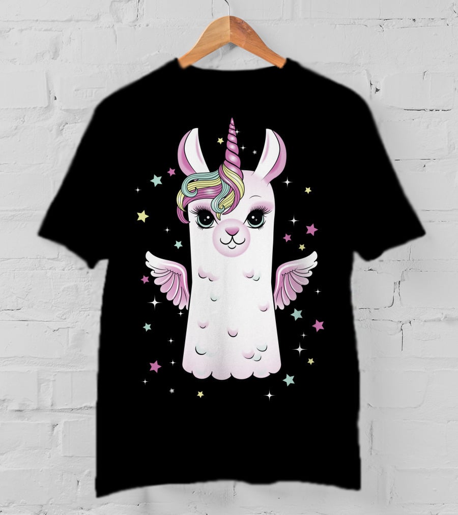 Llama Unicorn With Rainbow Mane And Wings Surrounded By Stars T-Shirt