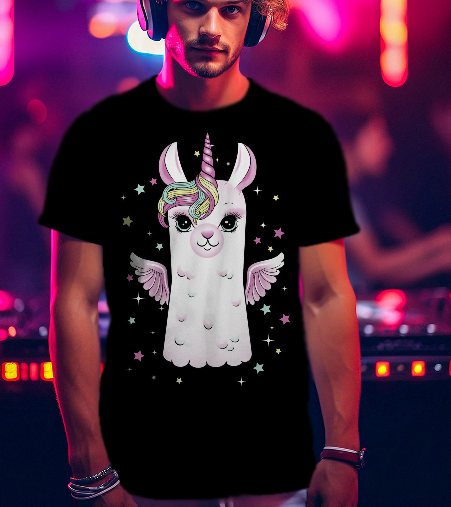 Llama Unicorn With Rainbow Mane And Wings Surrounded By Stars T-Shirt