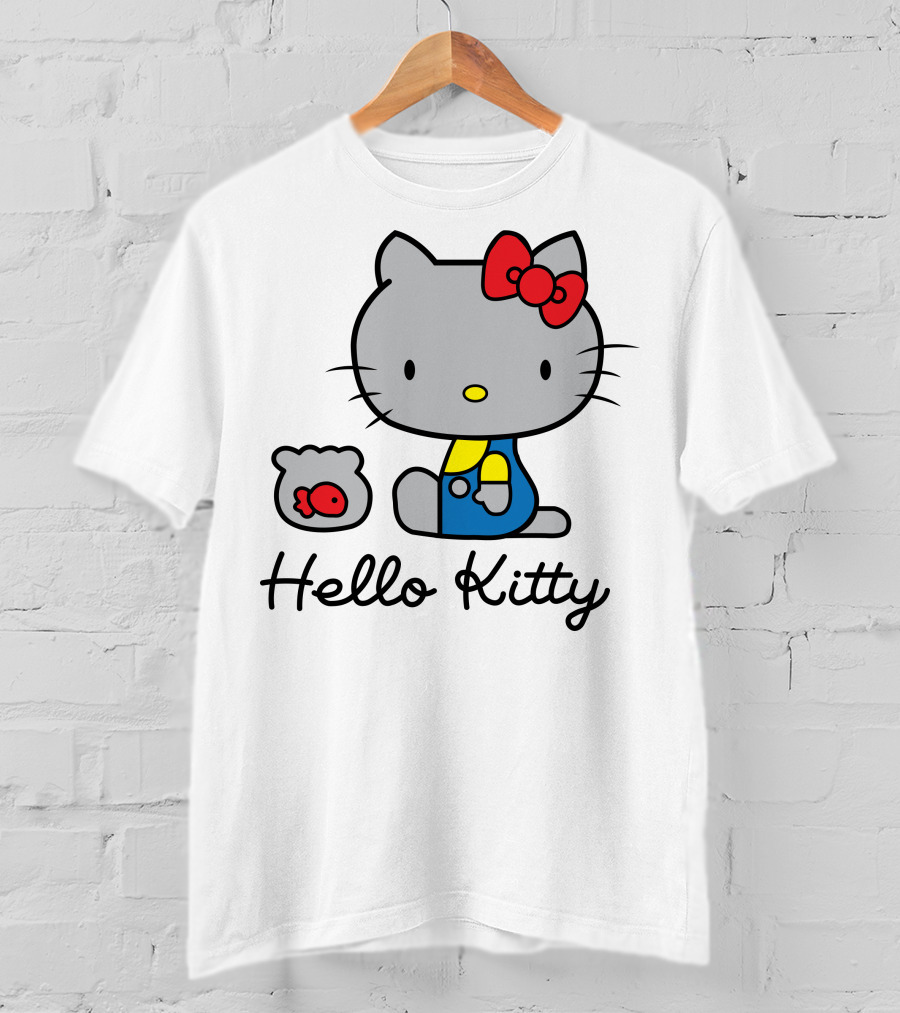 Hello Kitty Gray Cat With Red Bow And Fish Bowl T-Shirt