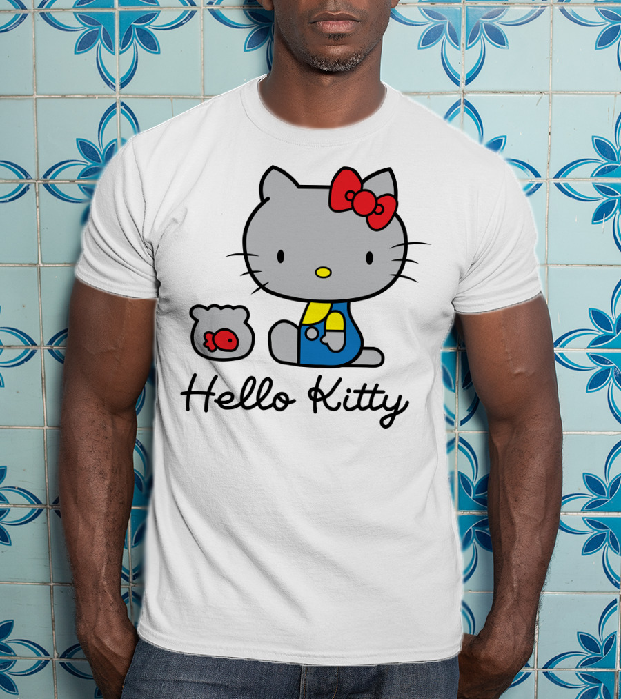 Hello Kitty Gray Cat With Red Bow And Fish Bowl T-Shirt