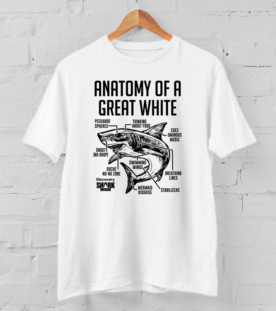 Anatomy Of A Great White Shark Thinking About Food Discovery Shark Week Peekaboo Spheres Mermaid Disguise Cues Ominous Music T-Shirt