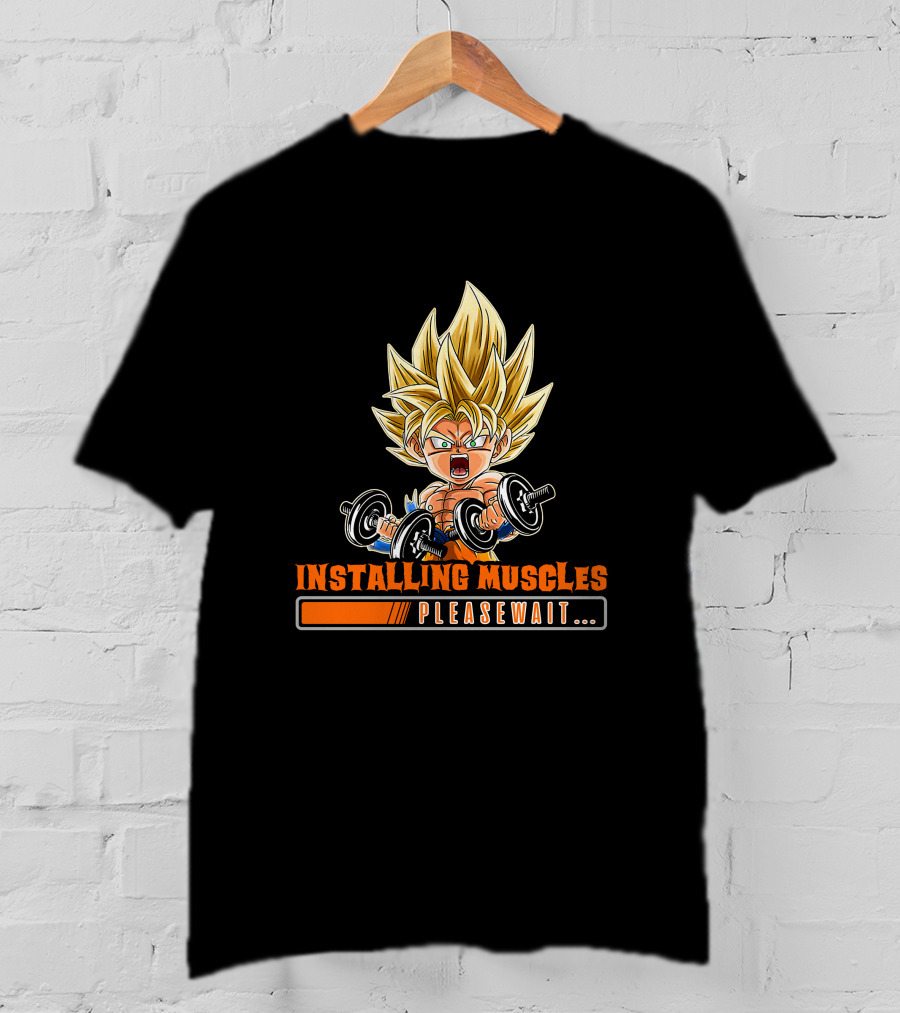 Installing Muscles Please Wait Super Saiyan Dumbbells Fitness Power Up T-Shirt