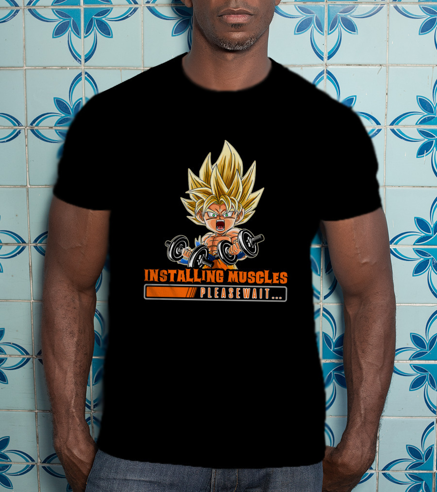 Installing Muscles Please Wait Super Saiyan Dumbbells Fitness Power Up T-Shirt