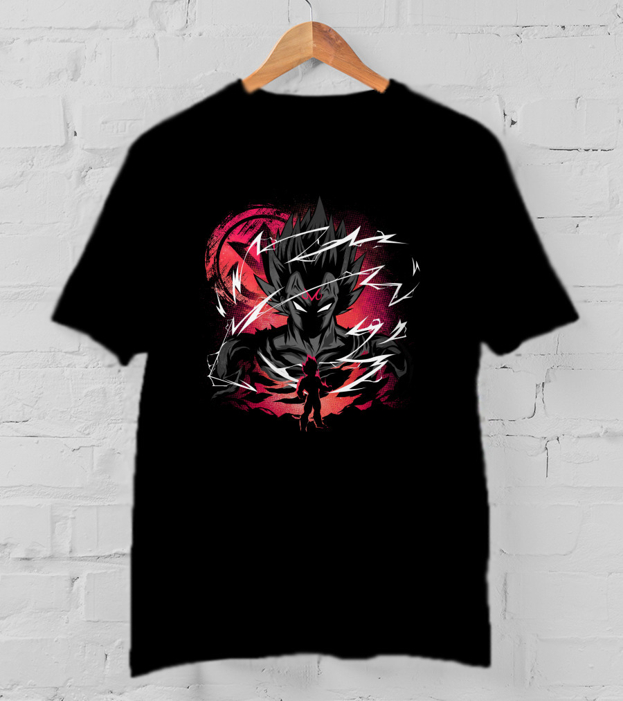 Vegeta Lightning Aura And Shadowed Silhouette On Red Planet Background T-Shirt