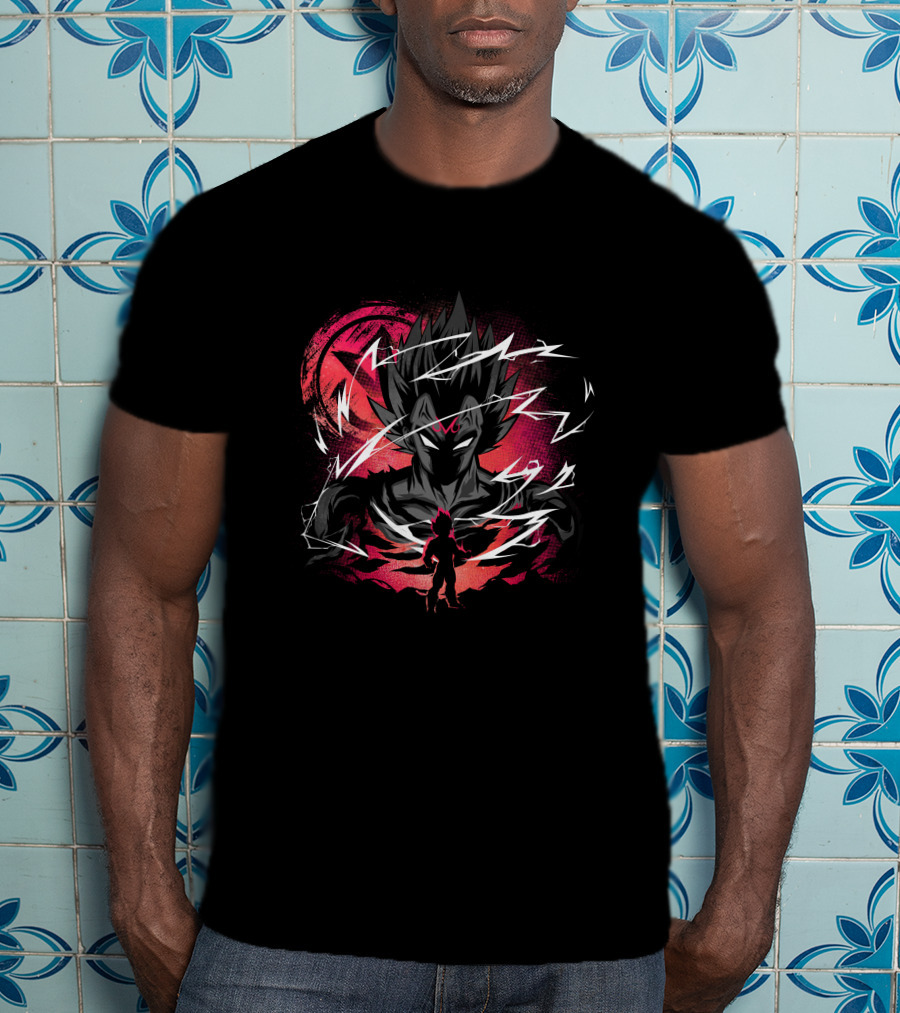 Vegeta Lightning Aura And Shadowed Silhouette On Red Planet Background T-Shirt