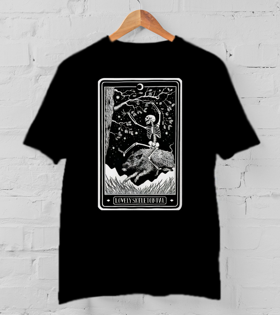 Lovely Skeleton Pal Johnny Chiodini Ever Press Store Merch Riding Wild Boar In Starry Night Scene T-Shirt