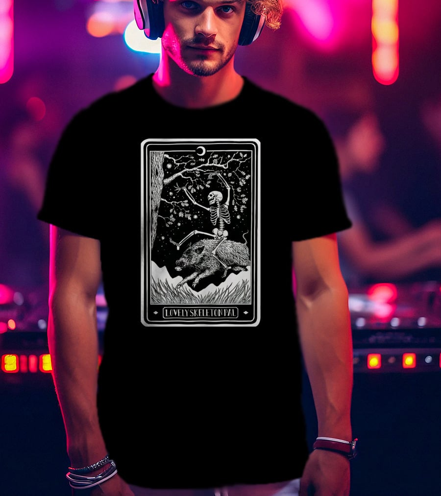 Lovely Skeleton Pal Johnny Chiodini Ever Press Store Merch Riding Wild Boar In Starry Night Scene T-Shirt