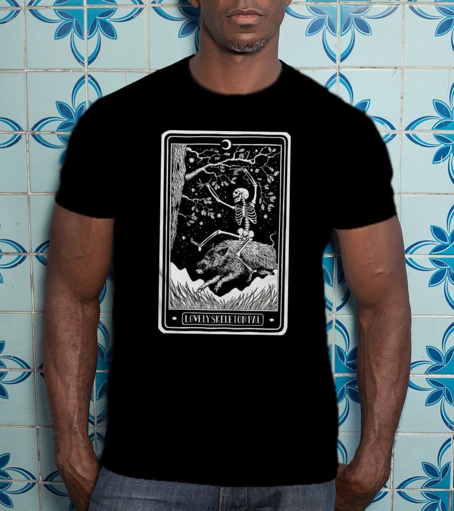 Lovely Skeleton Pal Johnny Chiodini Ever Press Store Merch Riding Wild Boar In Starry Night Scene T-Shirt