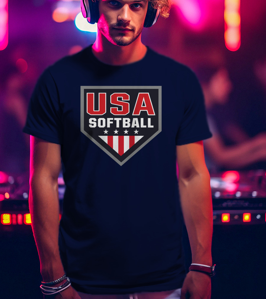 USA Softball Store Logo With Stars And Stripes Home Plate T-Shirt